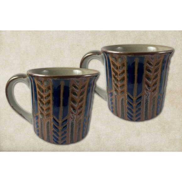 2 Vintage Handmade Blue & Brown Ceramic Mugs With Textured Wheat Pattern BOHO - Picture 1 of 4